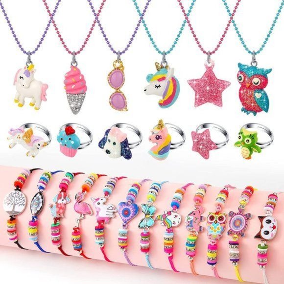 NEW 24 Pcs Little Girl Jewelry Kids Unicorn Necklace Cute Woven Bracelet… - Picture 3 of 5